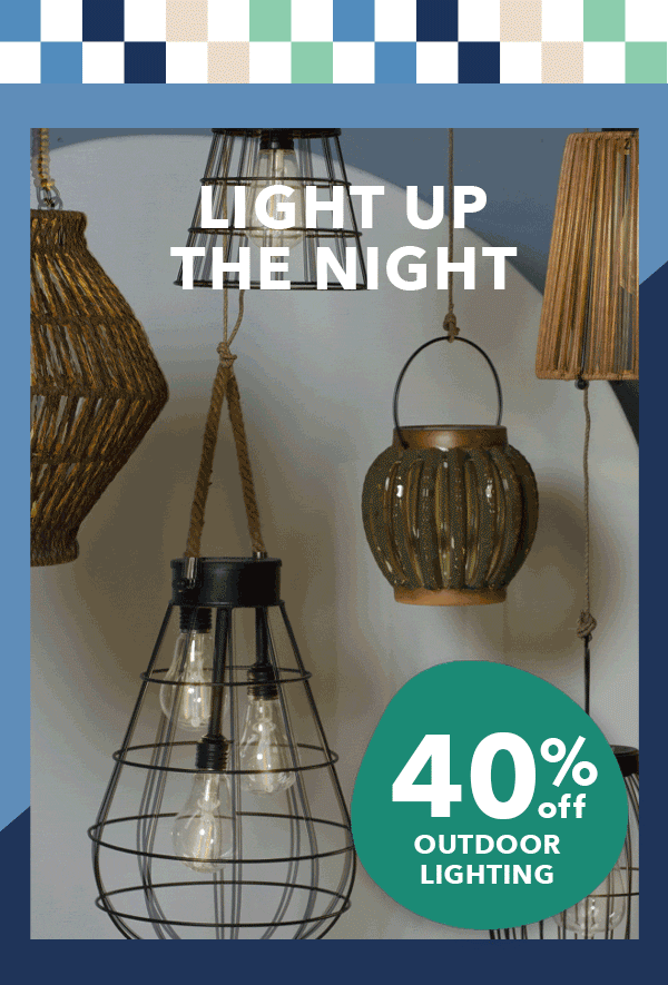 Animation of lights turning on. Light up the night. 40 percent off Outdoor Lighting.
