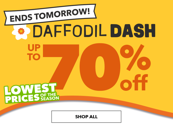 Ends Tomorrow! Up to 70% off. Daffodil Dash. Lowest Prices of the season. SHOP ALL.