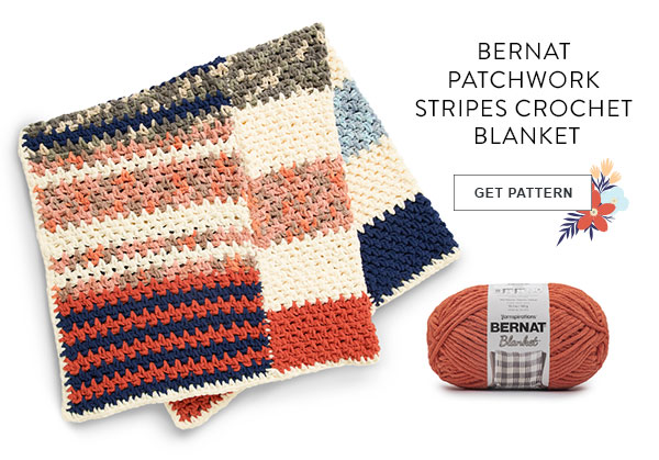  Bernat Patchwork Stripes Crochet Blanket. GET PATTERN.
