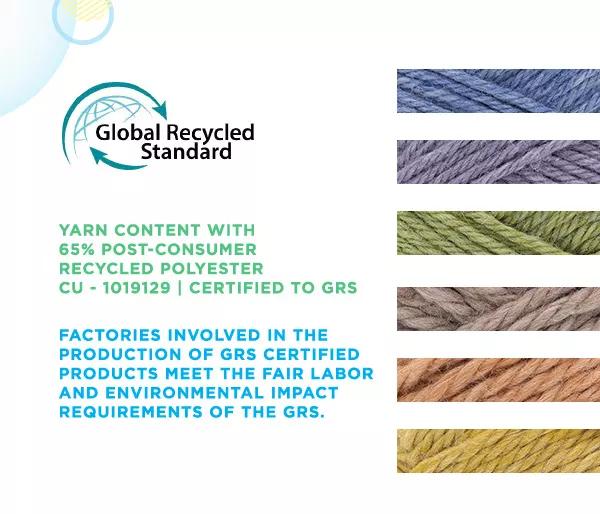 Global Recycled Standard. Yarn content with 65% post-consumer recycled polyester. CU-1019129, certified to GRS. Factories involved in the production of GRS certified products meet the fair labor and environmental impact requirements of the GRS.