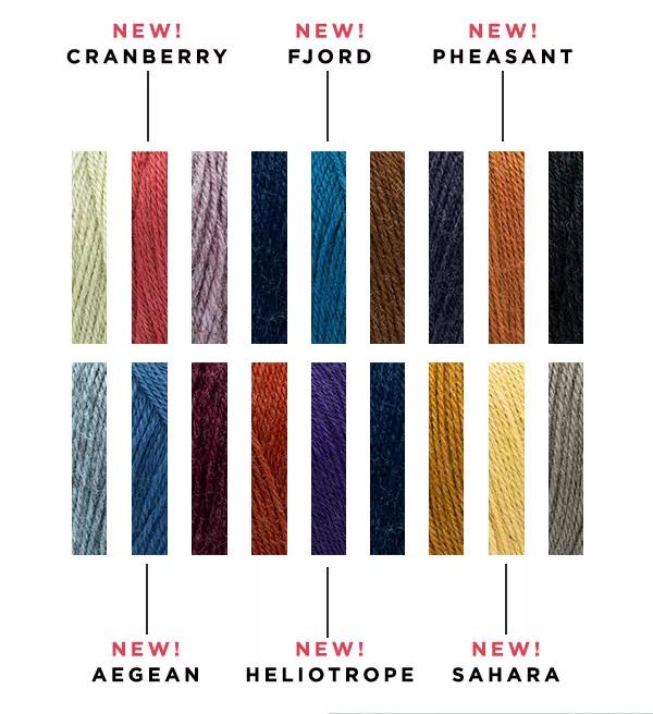 New colors include: cranberry, fjord, pheasant, aegean, heliotrope, and sahara.