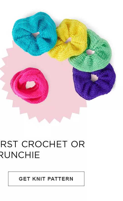 Caron Color Burst Crochet or Knit Scrunchie. GET KNIT PATTERN.