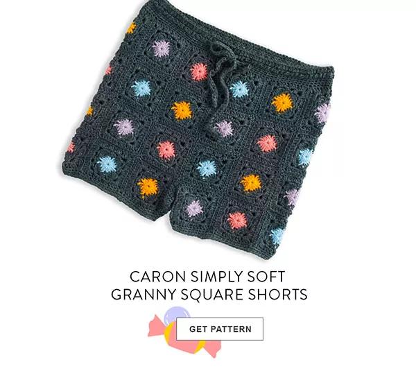 Caron Simply Soft granny square shorts. Get Pattern.