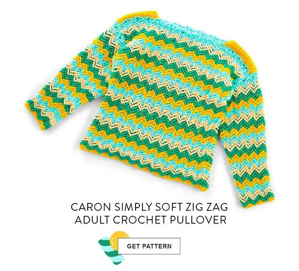 Caron Simply Soft zig zag adult crochet pullover. Get Pattern.