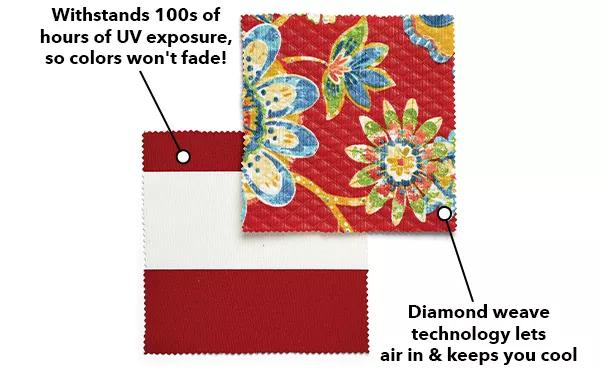 Withstands 100s of hours of UV exposure, so colors won't fade! Diamond weave technology lets air in and keeps you cool.