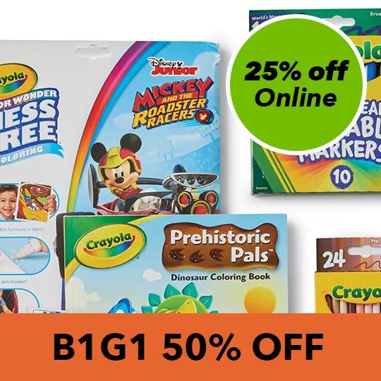 B1G1 50% off Crayola Art Supplies. 25% off online