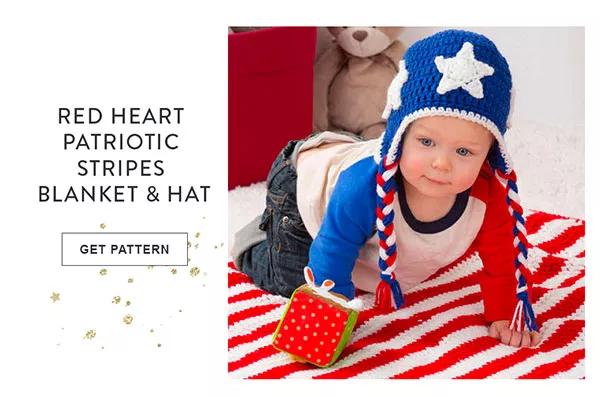 Red Heart Patriotic Stripes Blanket and Hat. Get Pattern.