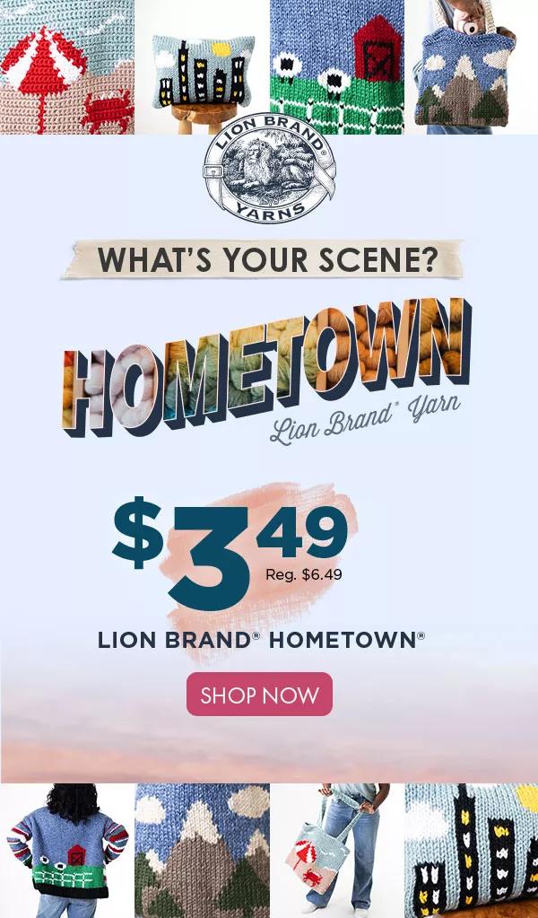 What's your scene? Hometown $3.49. Reg. $6.49. Lion Brand Hometown Yarn. SHOP NOW