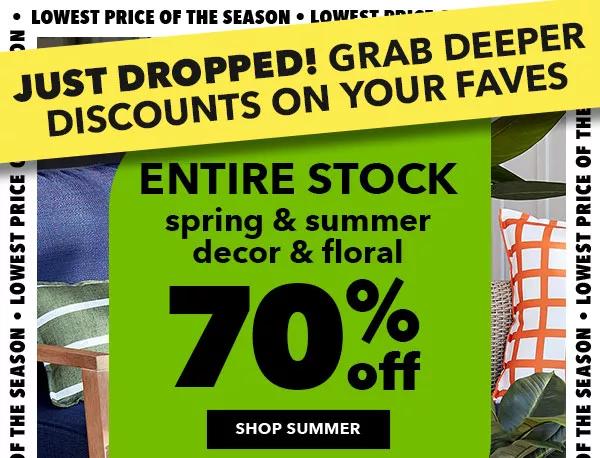 Just dropped! Grab deeper discounts on your faves. ENTIRE STOCK Spring and Summer Decor and Floral 70% off. Lowest Price of the Season. SHOP SUMMER.