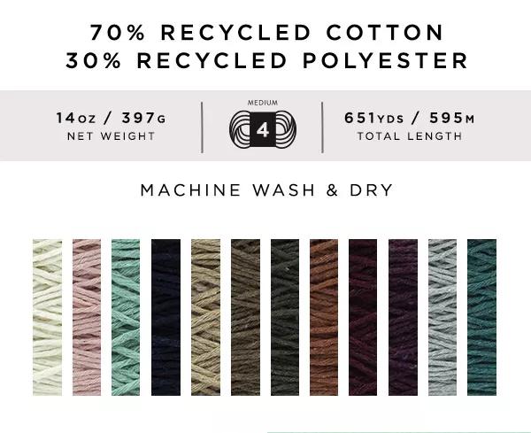 70% recycled cotton, 30% recycled polyester. Machine wash and dry.