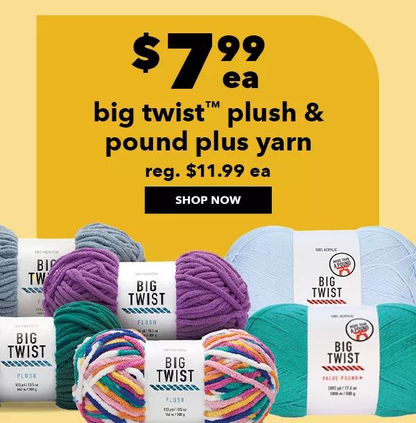 $7.99 ea Big Twist Plush Pound Plus. Yarn Reg. $11.99 ea. Shop All!