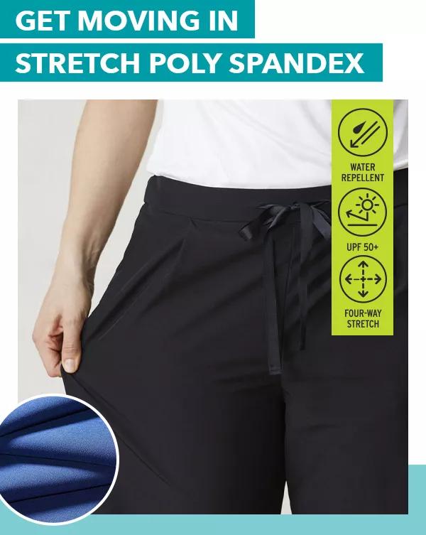 GET MOVING IN STRETCH POLY SPANDEX. Water repellent. UPF50+. Four-way Stretch.