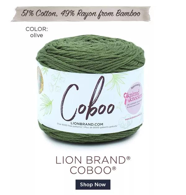 51 % Cotton. 49% Rayon from Bamboo. Color: Olive. Lion Brand Coboo. Shop Now!