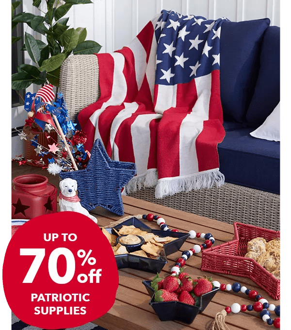 Up to 70% off patriotic supplies.