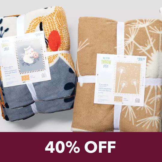 No-Sew Fleece Throw Kits. 40% off.