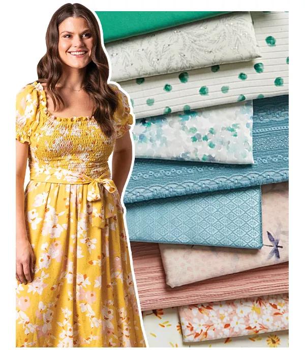 Woman in a dress imposed over a stack of fabrics.