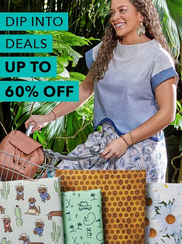  Dip into deals. Up to 60% off. Woman with cotton outfit on bike. Keepsake calico cloth fabrics. 