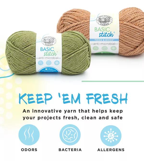 Keep 'em fresh. An innovative yarn that helps keep your projects fresh, clean and safe. Odors, bacteria, and allergens.